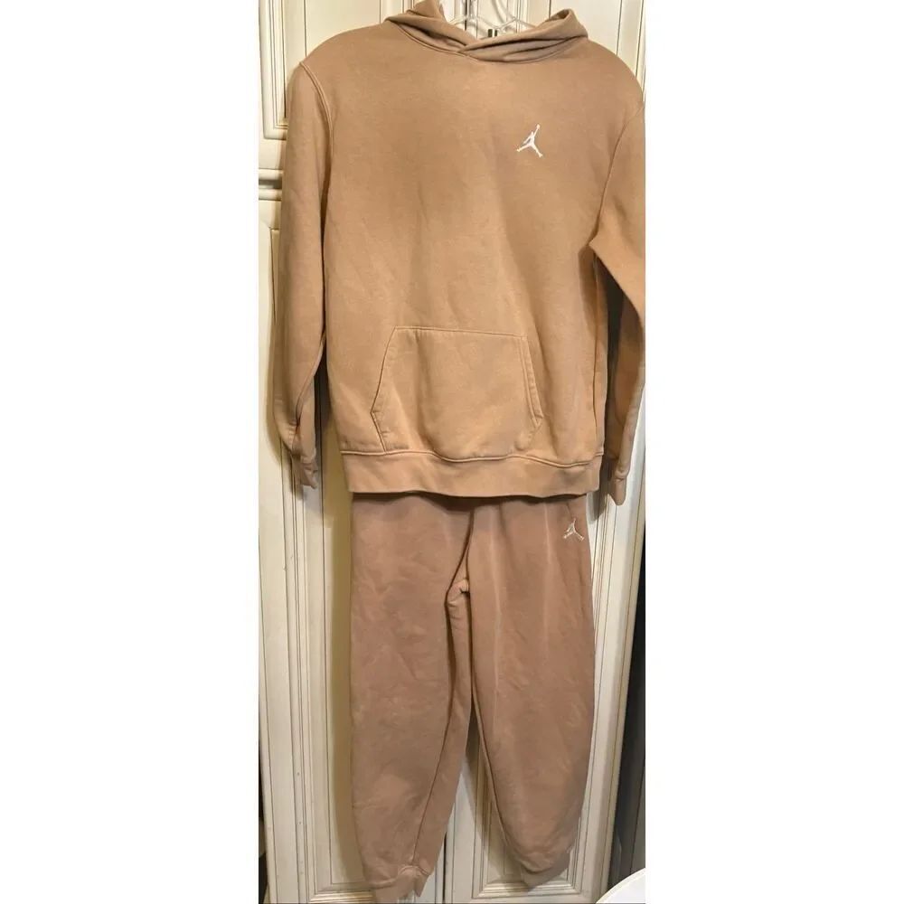 Jordan Youth Brooklyn Fleece Hooded Long Sleeve Pullover Set Tan Sz 10-12 Years